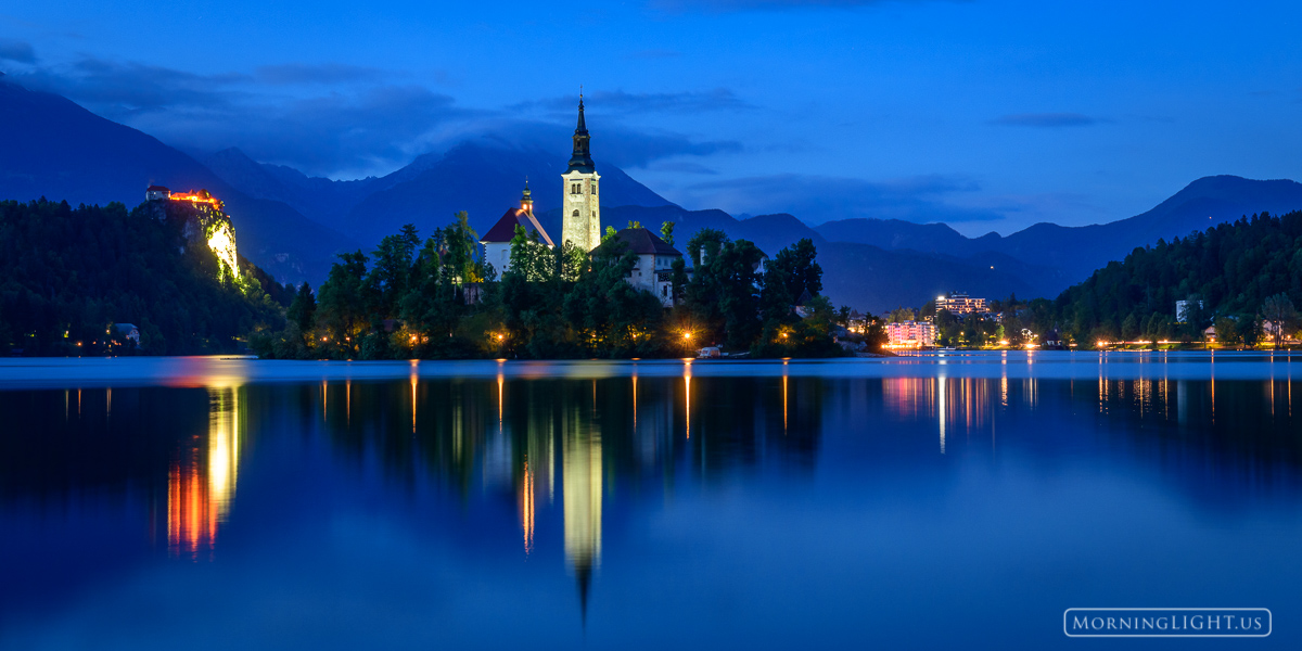 Blue hour at Lake Bled, Slovenia is absolutely stunning.