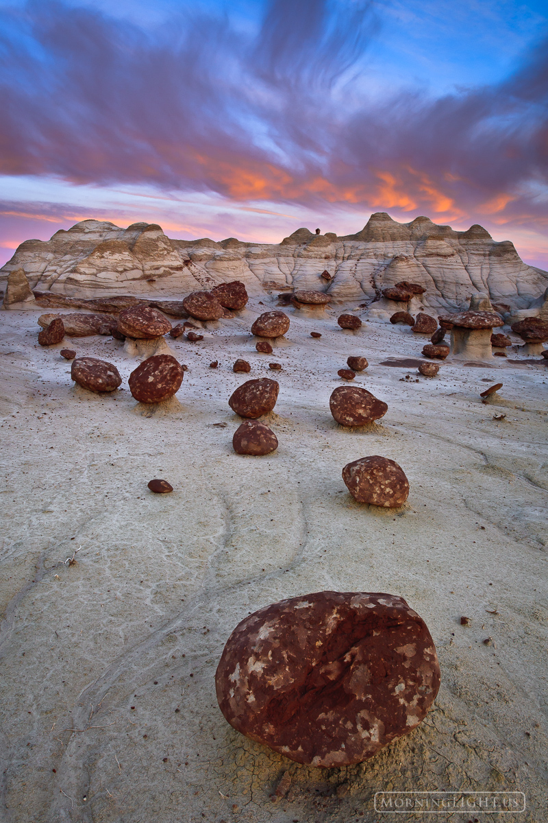 A dramatic sunrise in a remote New Mexico desert. Areas like this where there are very small hoodoos are often called "egg farms...