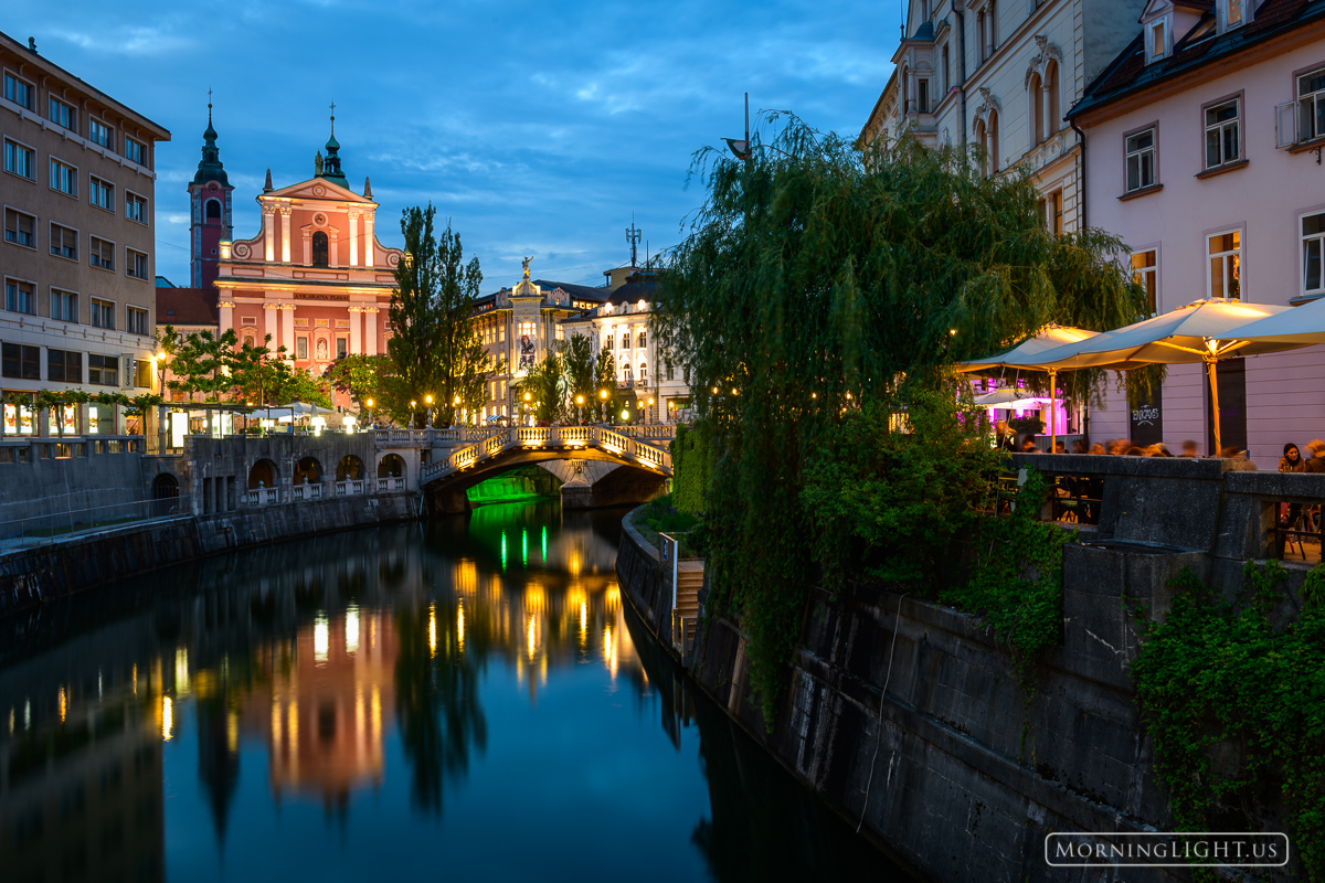 A view of the center of Ljubljana, Slovenia just after sunset.