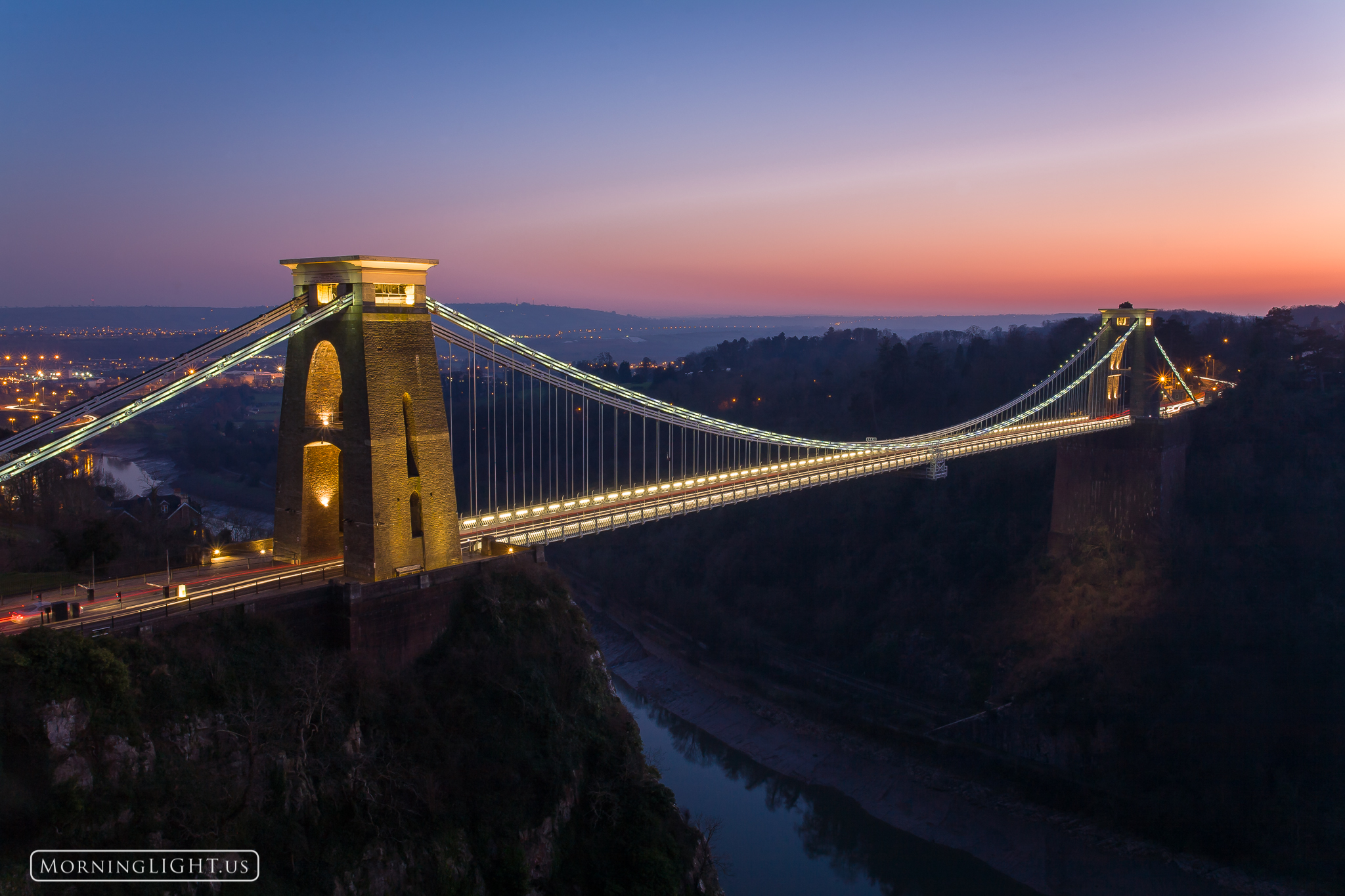 A beautiful evening on the Clifton Suspension Bridge. This bridge is one of the icons of Bristol, England.