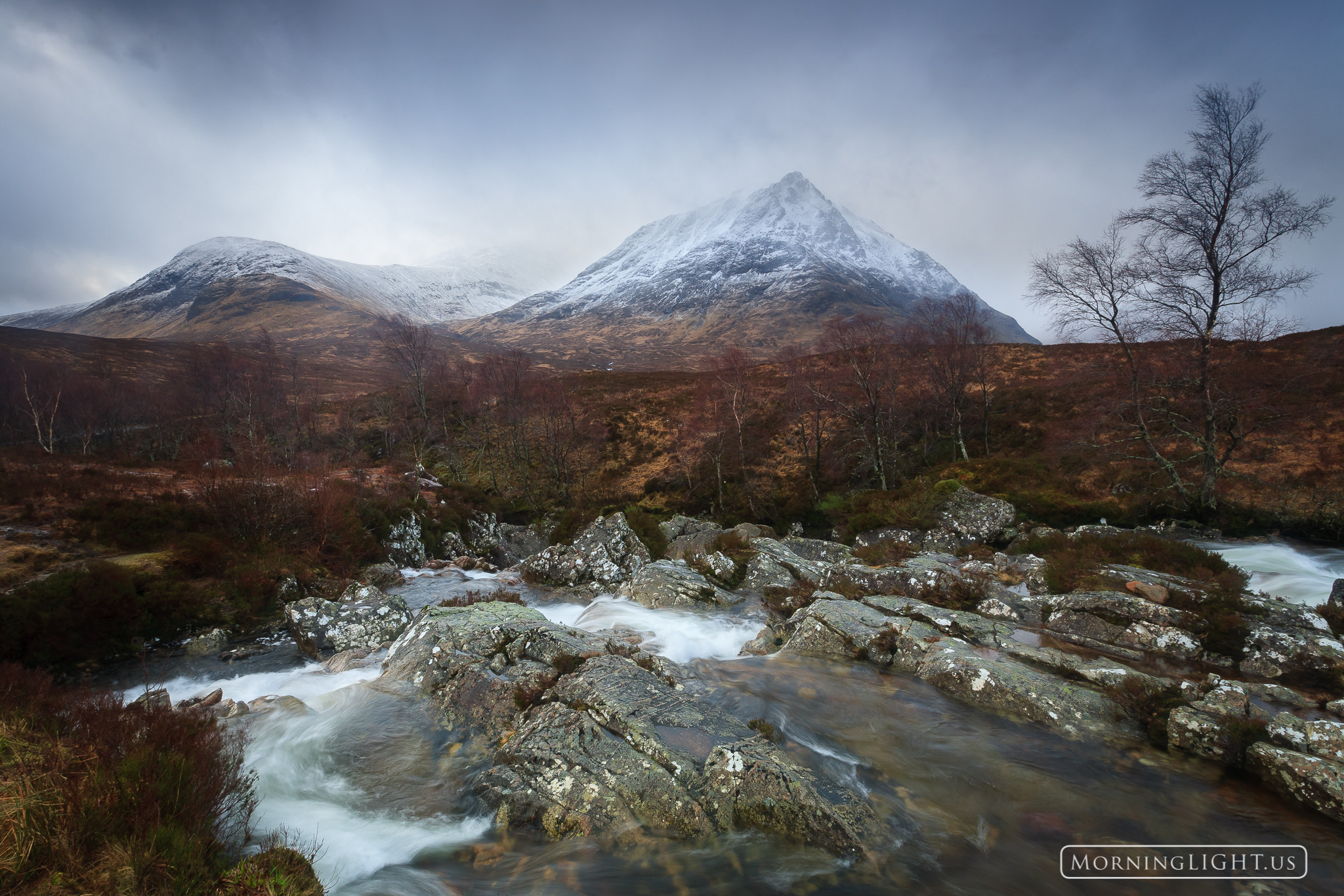 A very windy and rainy morning on Rannoch Moor at the beginning of Glen Etive in Scotland.