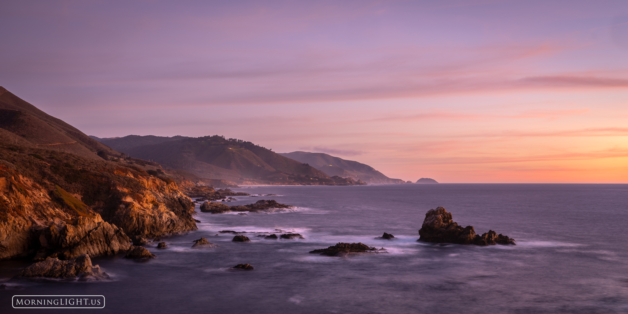 This view is looks to the south along the California coast at sunset from Soberanes Point, just south of Carmel.