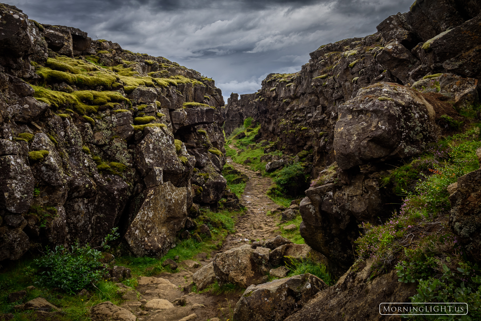 A rugged trail winds its way through 60-70' cliffs on either side on a stormy day in Iceland.