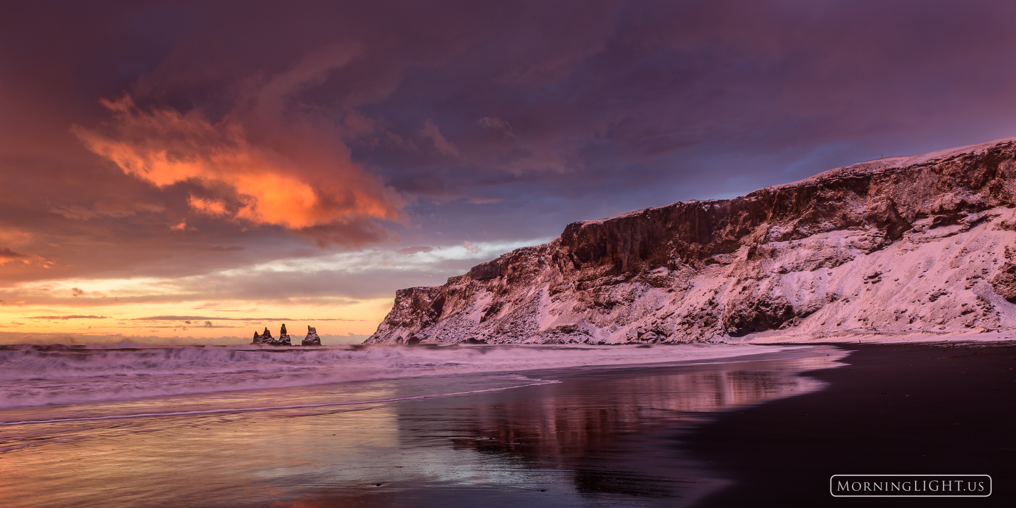 The black sand beach at Vik looks especially interesting with a fresh coat of snow and an 11:30am sunrise on a cold December...