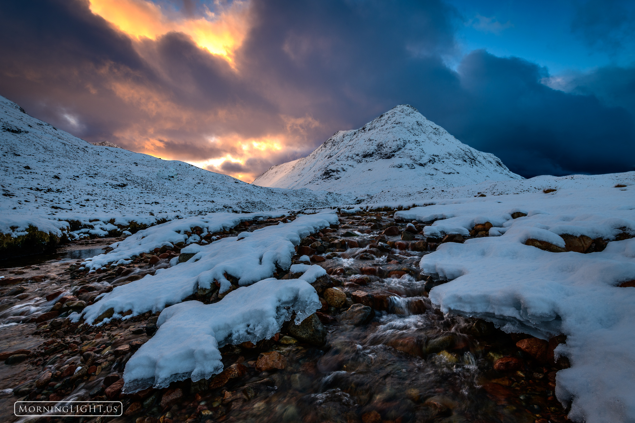 The sun sets on a winter's day on the River Coupall.